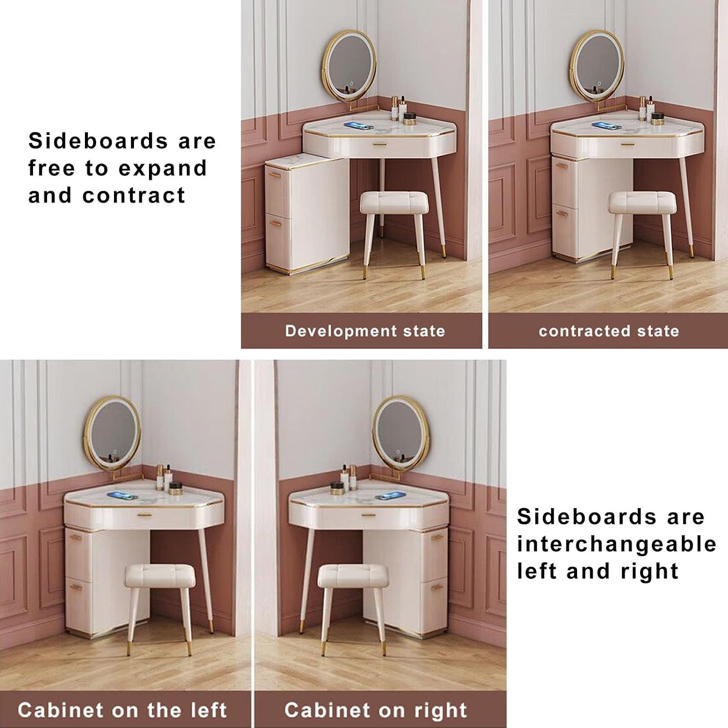 UPGENT Corner Dressing Table with Lighted Mirror, Vanity Makeup Table with Drawers, Cabinet and Cushioned Stool, Girls Vanity Desk for Bathroom, Bedroom (White) (Size : 60CM)