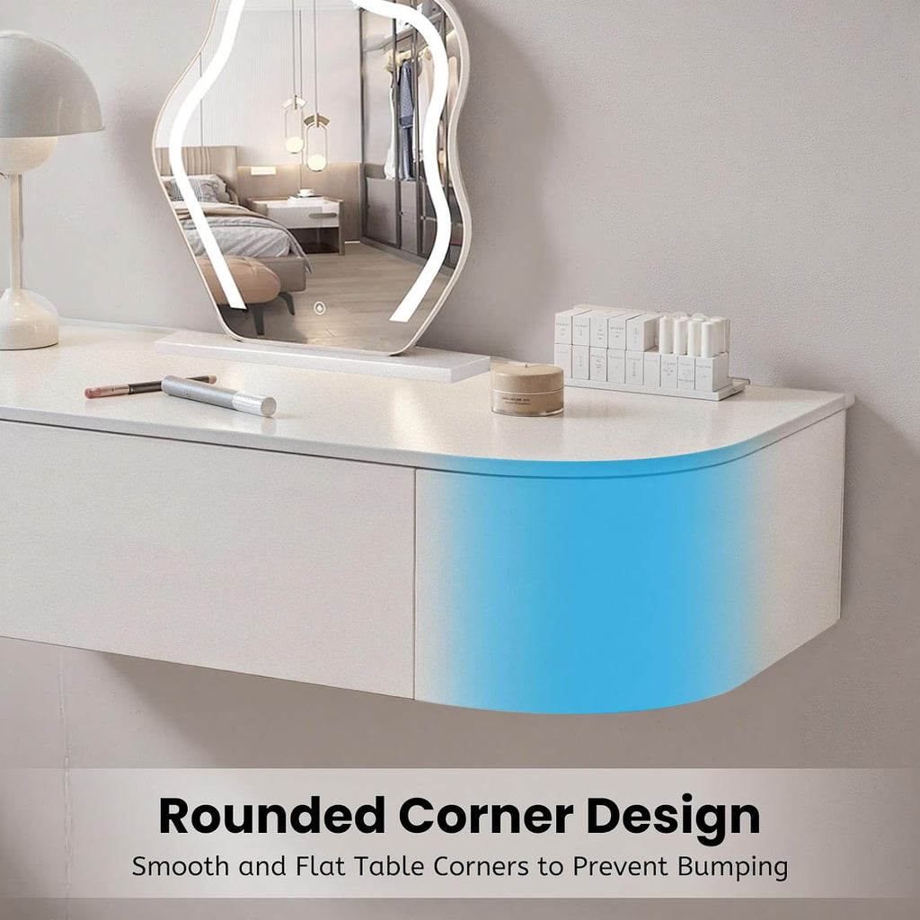 Corner Floating Desk with Drawers, Floating Vanity Makeup Table, Small Wall Mounted Floating Dressing Table Wall Storage Set, Wood Floating Shelf with Drawers, Modern White Vanity with Lighted Mirror(