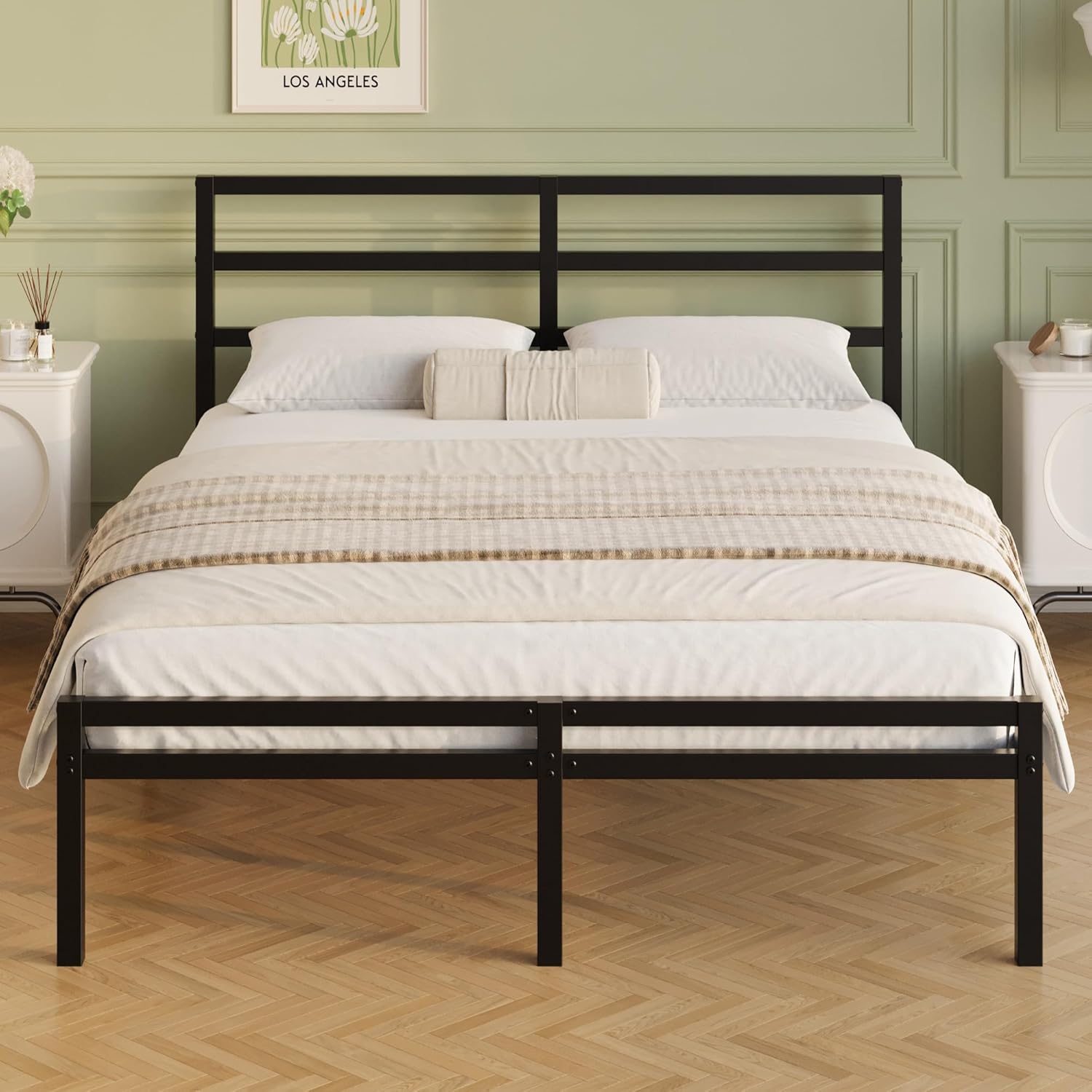 Lutown-Teen California King Bed Frame with Headboard and Footboard, 12 Inch Classic Metal Platform Bed Frame, Under Bed Storage, No Box Spring Needed, Easy Assembly, Noise Free, Black