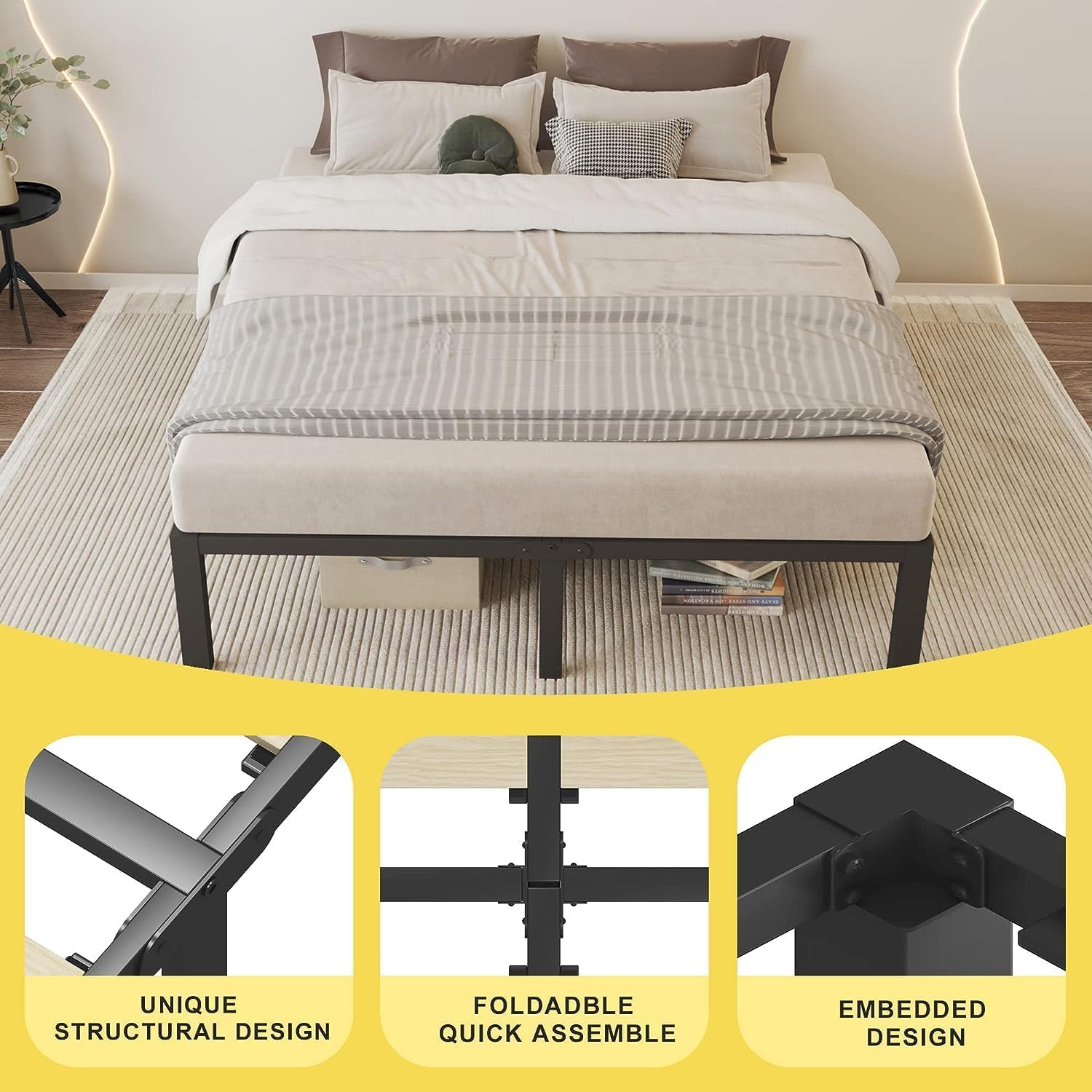 ROIL 14 inch Queen Size Bed Frame with Wood Slats - 3500lbs Heavy Duty No Box Spring Needed Platform, Mattress Stoppers Double Metal Noise Free Bedframe with Headboard Hole