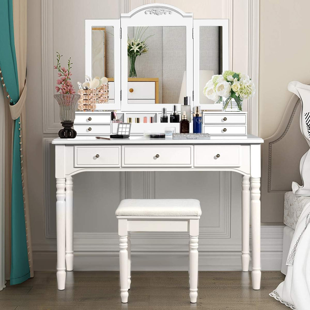 DORTALA Makeup Vanity Table Set w/ 7 Drawers, Removable Tri-Folding Mirror w/ 8 Jewelry Necklace Hooks, Dressing Table w/Open Storage Box & Cushioned Stool, Solid Wood Legs,White