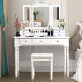 DORTALA Makeup Vanity Table Set w/ 7 Drawers, Removable Tri-Folding Mirror w/ 8 Jewelry Necklace Hooks, Dressing Table w/Open Storage Box & Cushioned Stool, Solid Wood Legs,White