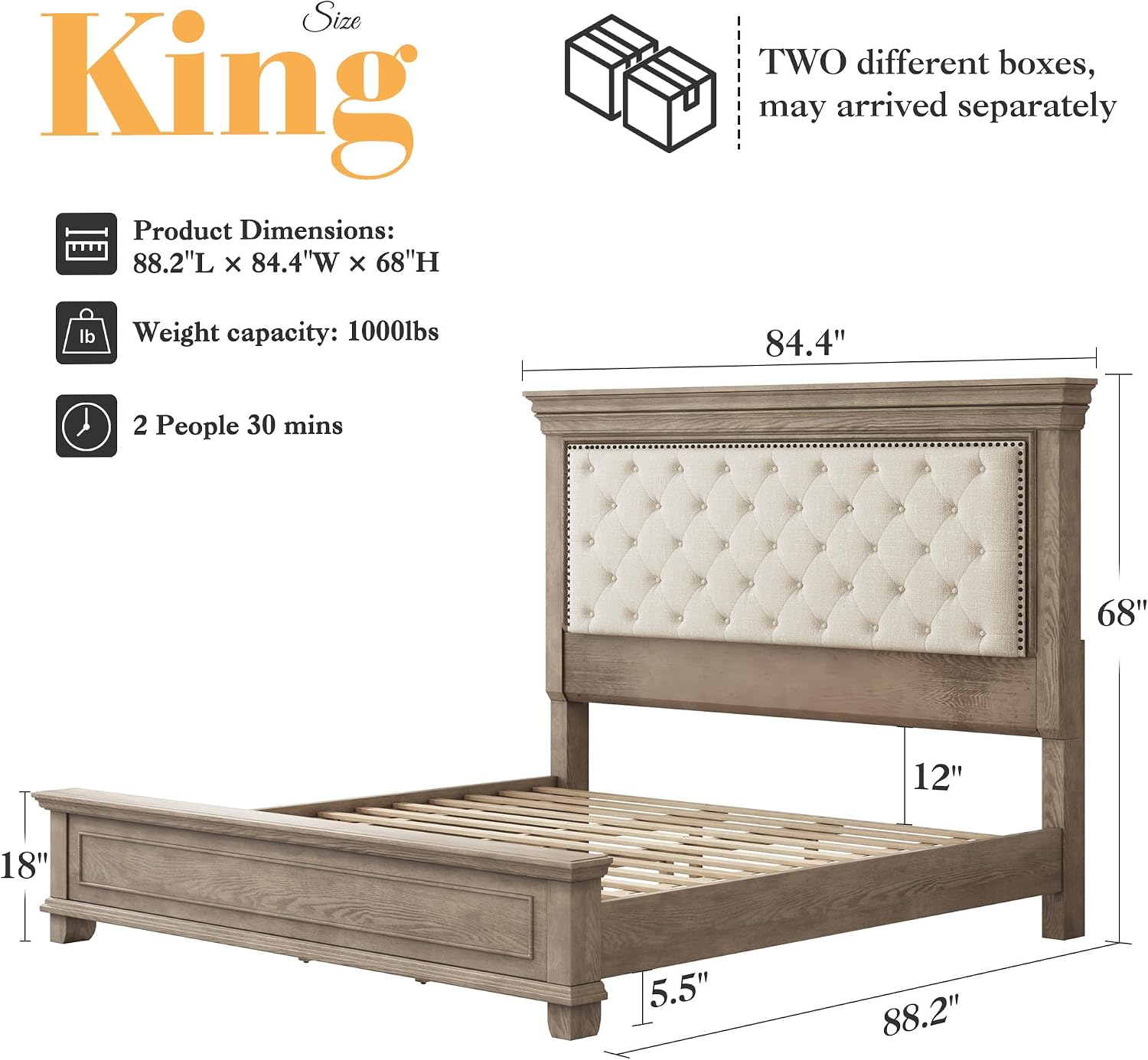 LUXOAK Solid Pine Wood King Bed Frame with 69' High Upholstered Headboard, Transitional Style Platform Bed, No Box Spring Needed & Easy Assembly, Button-Tufted Chenille Fabric, Antique Taupe