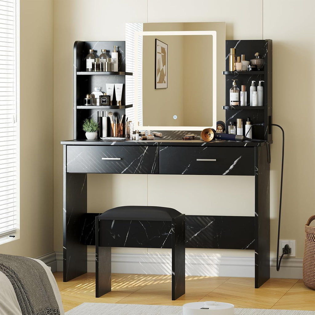 Garvee Vanity Desk with Lights | Tri-Mode LED Lighted Mirror & Charging Station | Makeup Vanity Set with 6 Shelves, 2 Drawers, Soft Cushion Stool | Dimmable Vanity Desk for Bedroom (Marble Black)