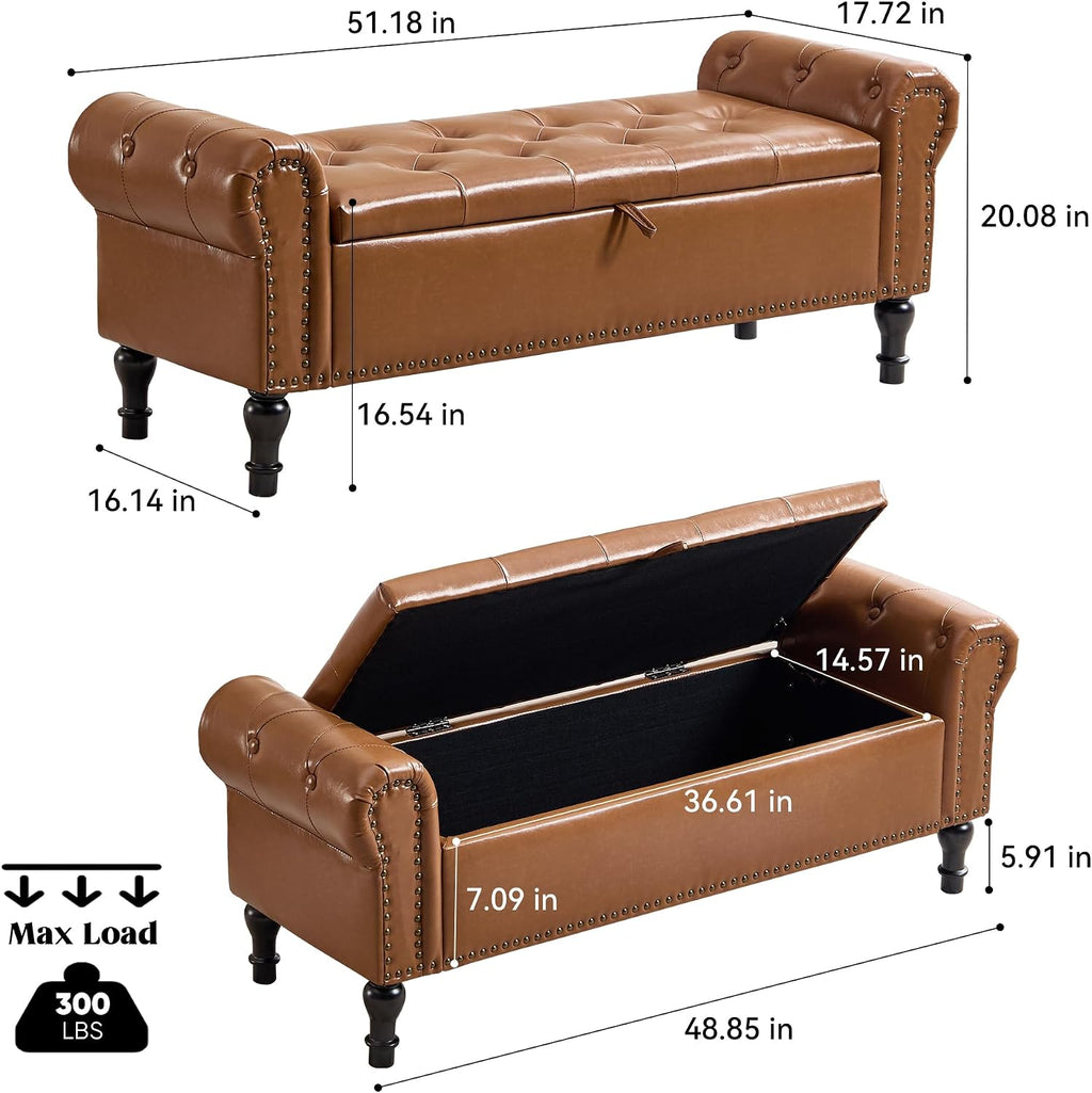 Storage Bench for Bedroom, 51' Upholstered End of Bed Bench, Faux Leather Queen Size Benches with Rolled Arms, Tufted Button Storage Long Ottoman, Living Room, Entryway, Brown