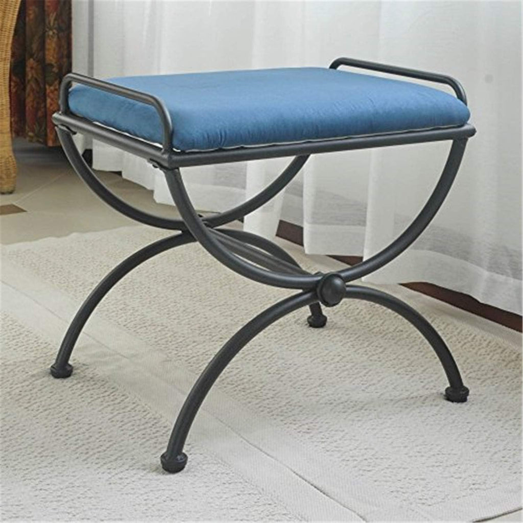 Pemberly Row Iron Vanity Bench, Indigo Finish, Microsuede Cushion, 17' H x 21' W x 16' D, Hand-Woven Style, Powdercoated Frame, Ideal for Dressing Rooms, Living Areas, Foot of Bed