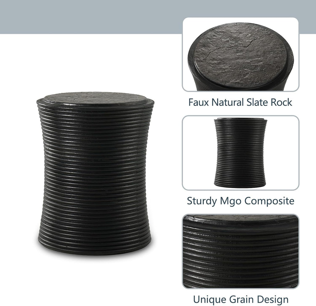 COSIEST Set of 2 Outdoor Side Table Black, Round MgO Concrete Side Table, Lightweight Outdoor Accent Table with Faux Natural Slate Rock, Cylinder Patio Table Top Plant Stand for Garden and Deck