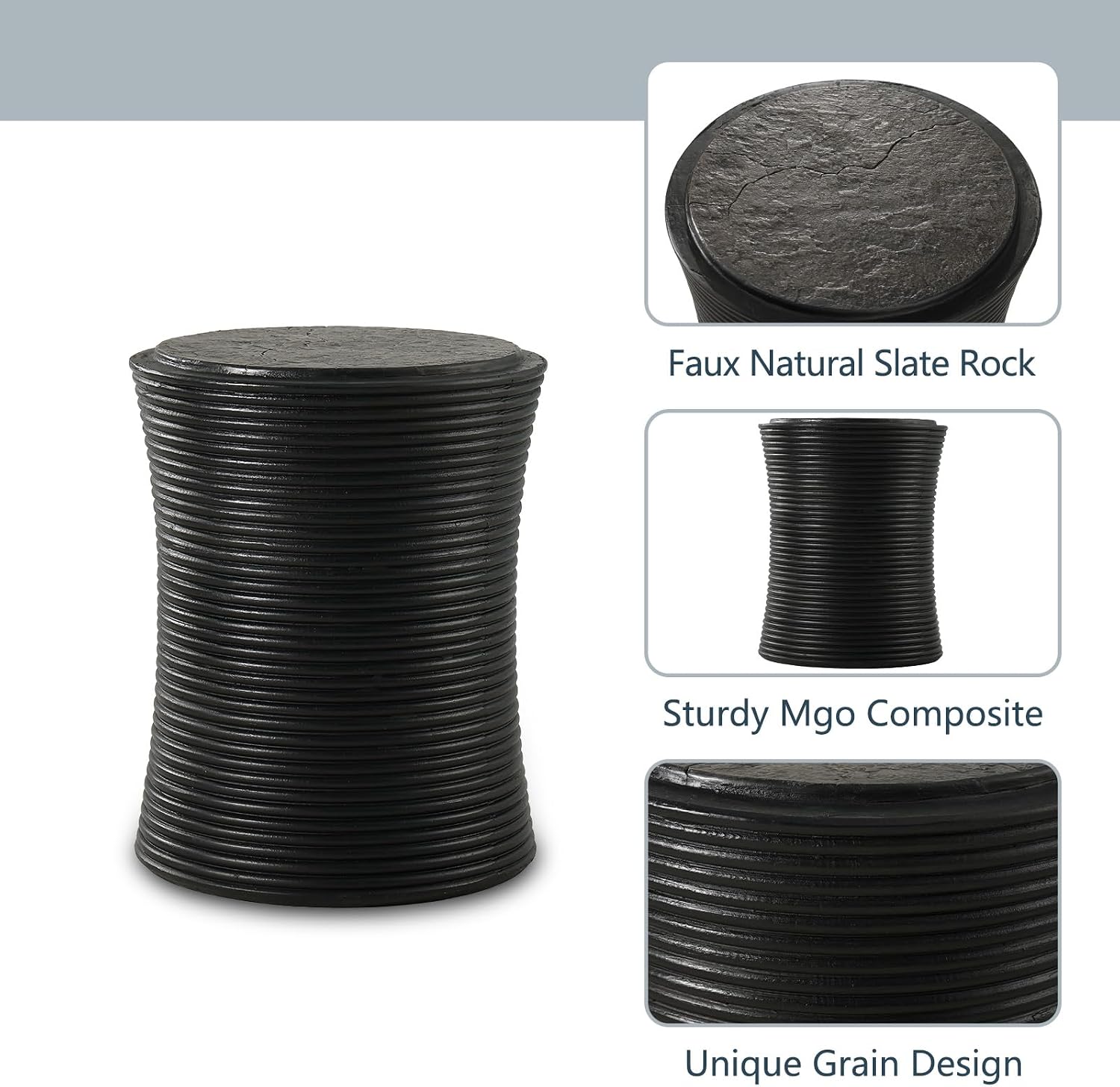 COSIEST Set of 2 Outdoor Side Table Black, Round MgO Concrete Side Table, Lightweight Outdoor Accent Table with Faux Natural Slate Rock, Cylinder Patio Table Top Plant Stand for Garden and Deck