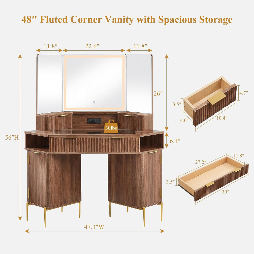 T4TREAM 48' Fluted Makeup Vanity Desk with HD Triple Mirror and Lights, Large Lighted Corner Vanity with Glass Top, Modern Dressing Table with 3 Drawers & 2 Cabinets for Bedroom, Light Walnut