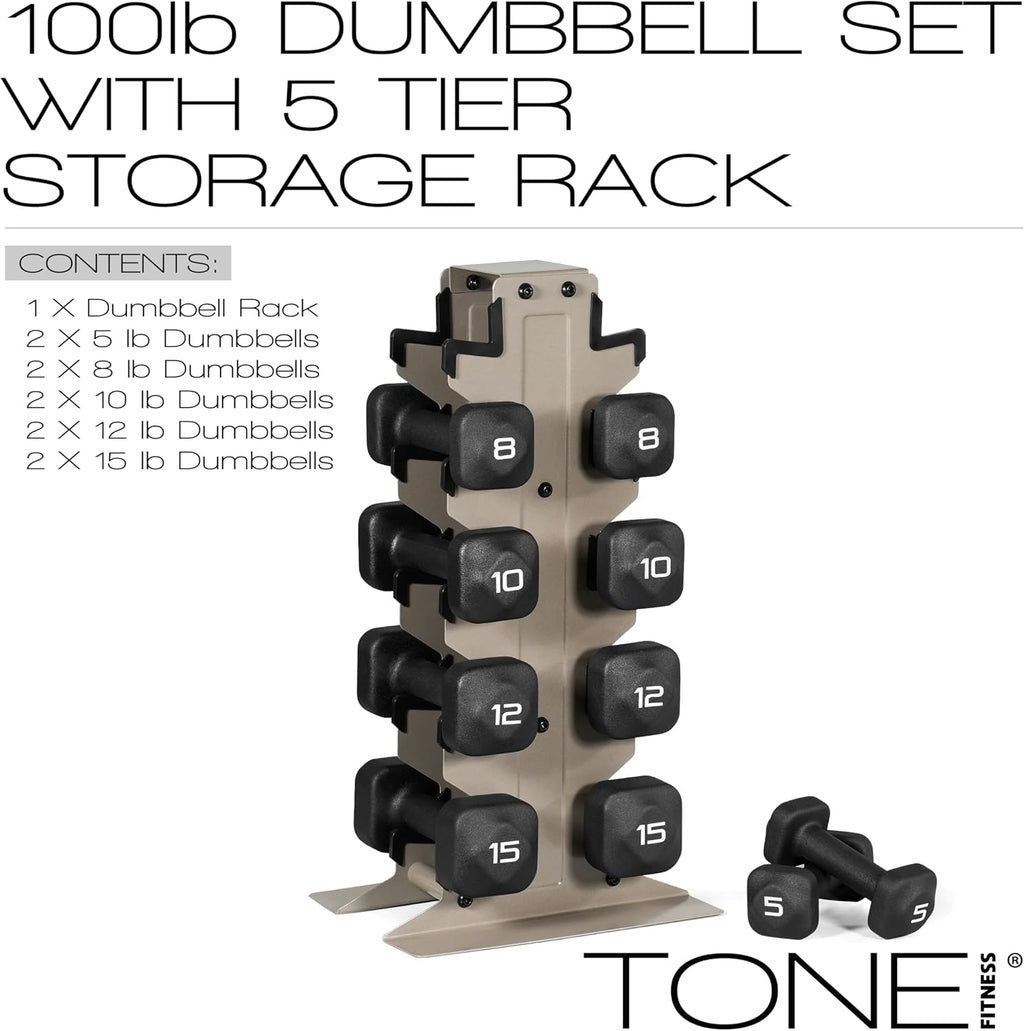 Tone Fitness Neoprene Dumbbell Set with Storage Rack – Non-Slip, Anti-Roll Hand Weights for Home Gym Workouts | 20 lb, 32 lb, 50 lb, 60 lb & 100 lb Options