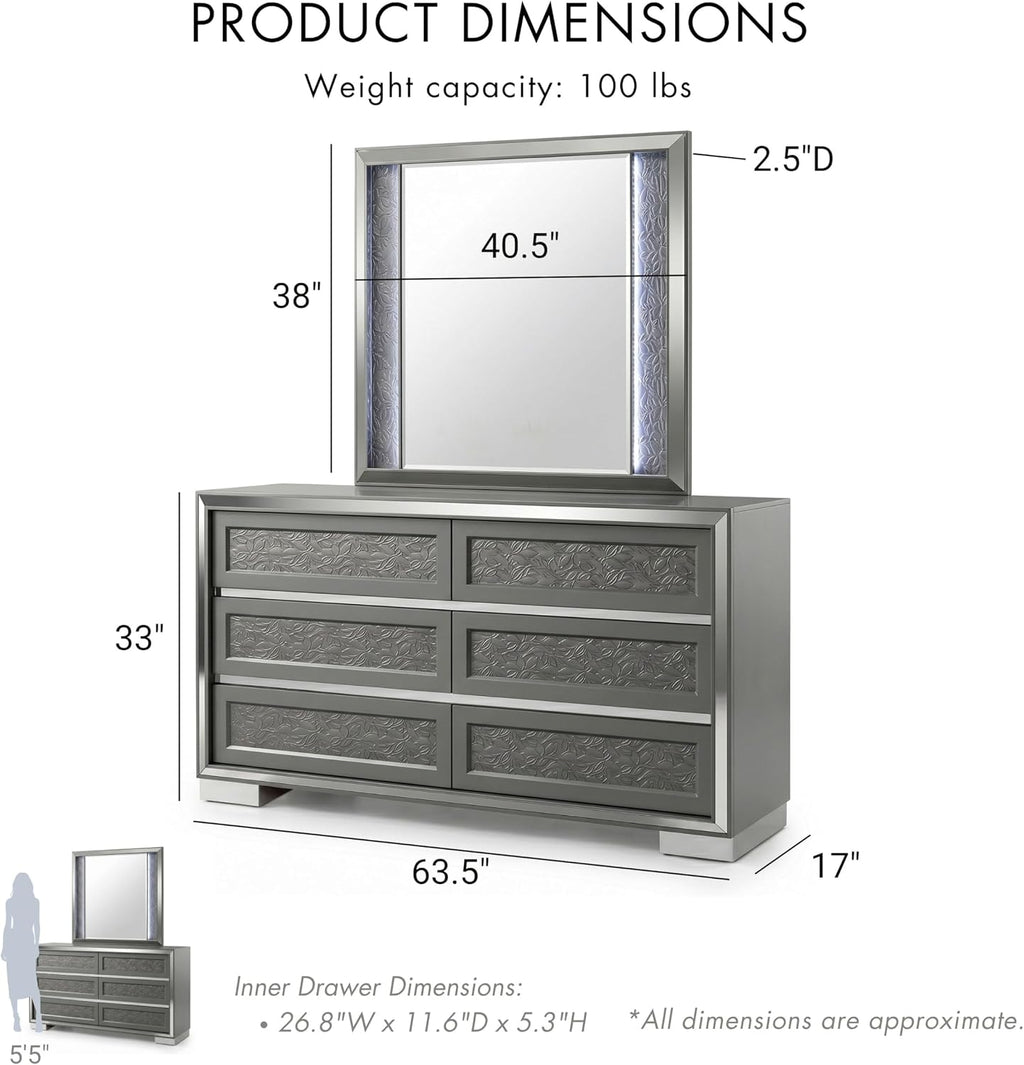 Furniture of America Uself Modern Solid Wood 6-Piece Bedroom Set with LED on Headboard and Mirror, Silver Bracketed Feet, Leaf Pattern Molding, No Box Spring Needed, King, Dark Gray