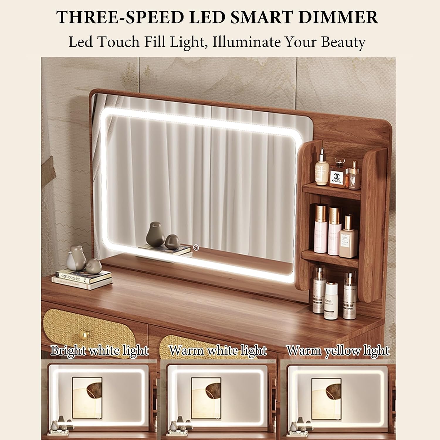 Vanity Mirror with Lights,small Make Up Vanity Desk Medieval Style,with 3 Color Touch Screen Dimming Mirror,with 1 Drawers,Large Vanity Tabel Set,Storage Bench Bedroom Small Space(100cm/39.4in)