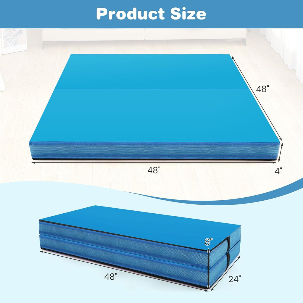 Goplus 4' Thick Folding Gymnastic Mat, Thickened Bi-Fold Fitness Mat with Carrying Handles & PU Leather Cover, Home Gym Tumbling Mat for Stretching, Pilates, Aerobics Workouts