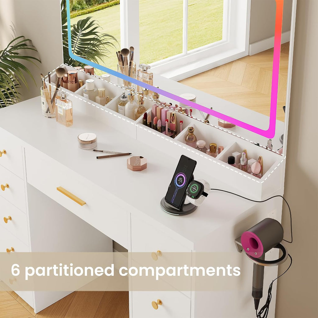 LAKEMID Makeup Vanity Desk with Large Mirror and Lights,43.3in Makeup Vanity with 7 Drawers,Modern Vanity Table with Charging Station,Adjustable RGB Lighting,Dressing Table for Bedroom Women(White)