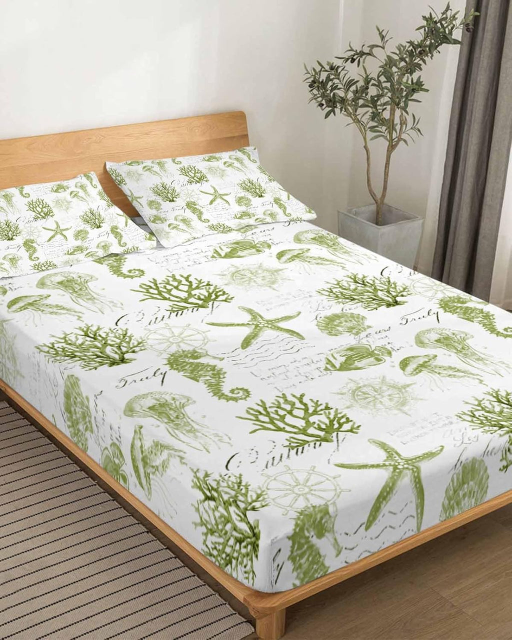 Sage Green Coastal Cal King Sheet Set 4 Piece Bedding - Starfish Jellyfish Fish Coral Shells Breathable Comfy Cooling Bed Sheets & Pillowcase Sets,Hotel Luxury Flat Sheets Deep Pockets Fitted Sheet
