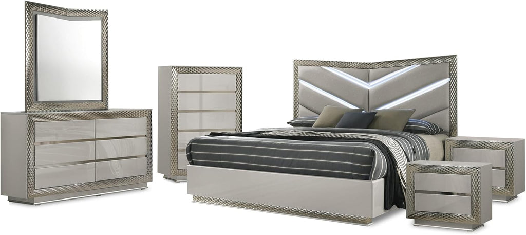 Furniture of America Racken Glam Solid Wood 6-Piece Bedroom Set with LED on Chevron Headboard, Plinth Base, Silver Molding, Metal Side Glide, Felt-Lined Top Drawer, No Box Spring Needed, King, Gray
