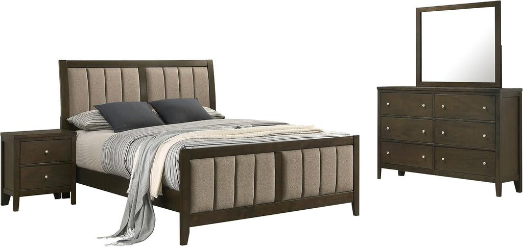 Coaster Home Furnishings Wilkes Transitional 4-Piece Bedroom Set Fabric Upholstered Eastern King Size Panel Bed Frame 51-inch Headboard Dark Cocoa 224421KE-S4