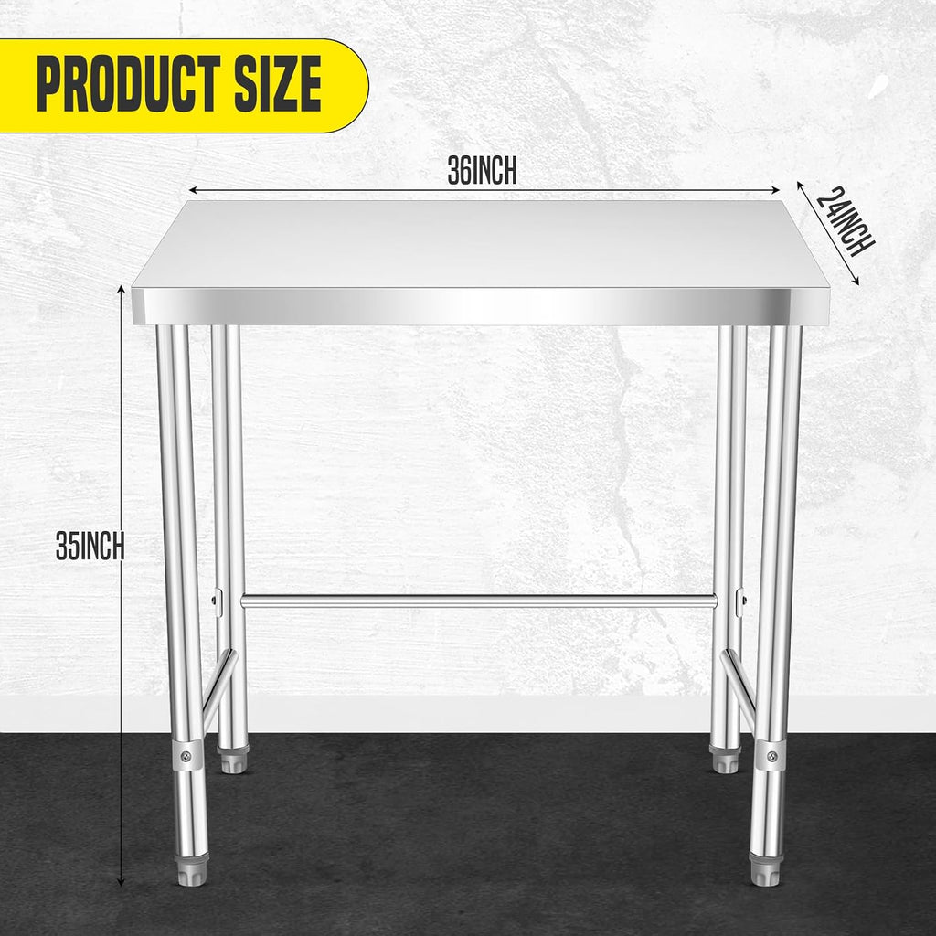 Stainless Steel Work Table, 36x24x35 Inch, Commercial Kitchen Prep Table with Open Base for Restaurant, Food Prep, Garage and Workshop, Easy to Assemble and Clean, Silver
