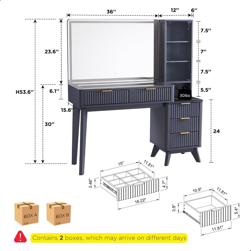 T4TREAM 48' Fluted Makeup Vanity Desk with Large 36' Mirror and Lights, Modern Glass Top Big Vanity Table with 5 Drawers & Adjustable Shelf, Dressing Table w/Charging Station for Bedroom, Dark Grey
