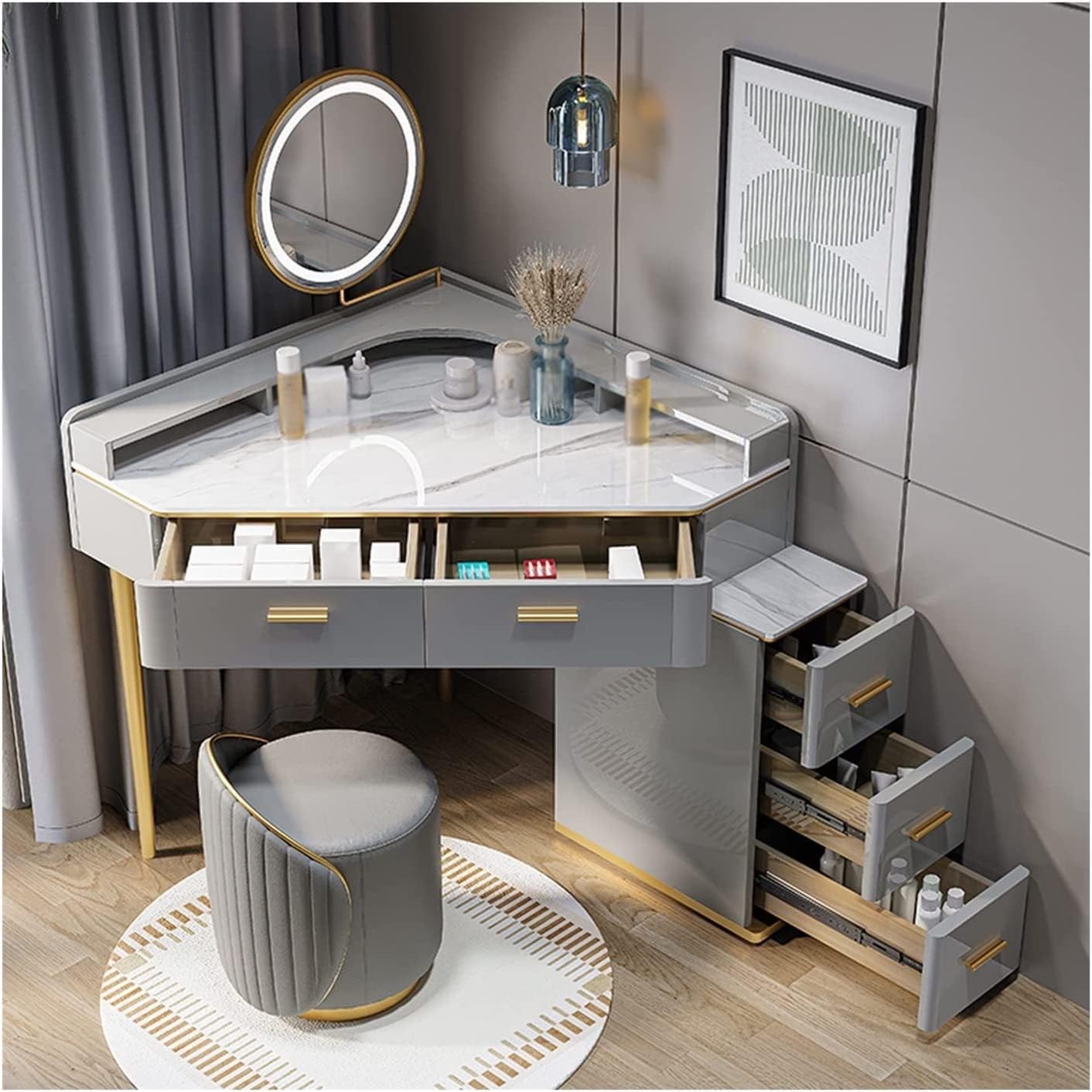 Corner Vanity Desk, Slate Desktop Dressing Table, with LED Lighted Mirror ＆ Drawers,Cosmetic Storage Cabinet,for Home