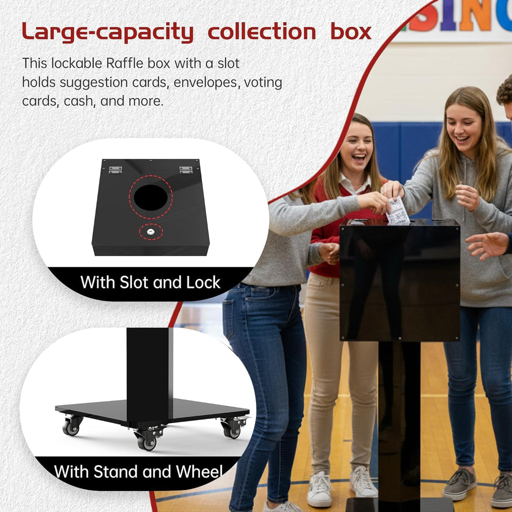 Extra Large Acrylic Raffle Box with Mobile Base & Locking Casters, 39.6' Tall, 13.8' Cube, Thickened Ticket Box with Lock for Lottery Games, Bingo, Raffle Balls