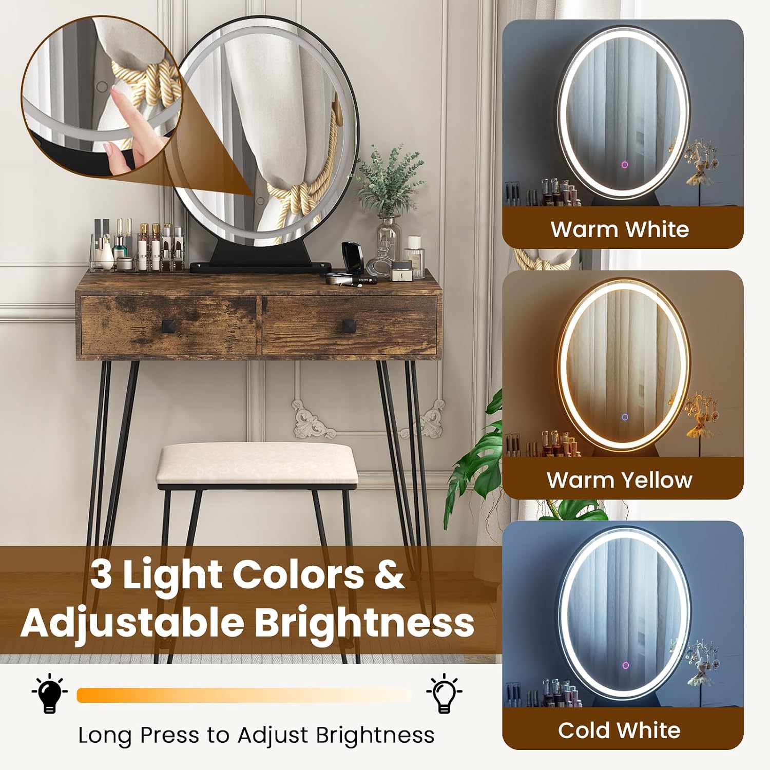 COSTWAY Vanity Desk with Mirror and Lights, Makeup Dressing Table Set w/ 3 Color Lighting Modes & Adjustable Brightness, Vanity Mirror with Desk and Stool for Bedroom Small Spaces (Rustic Brown)