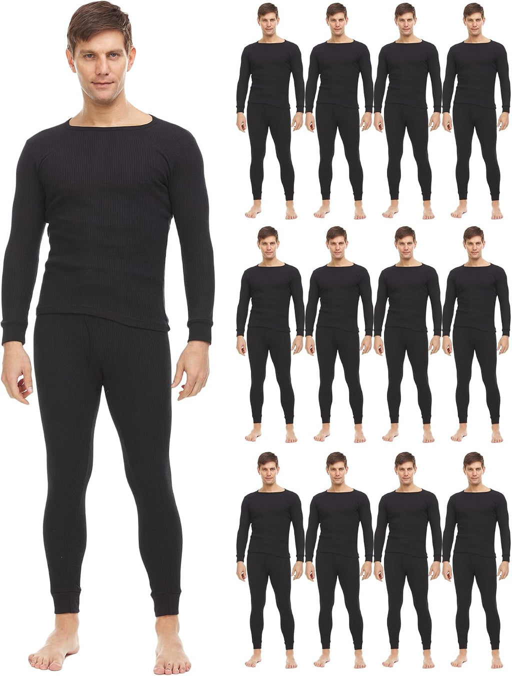 6 Pack of 2pc Thermal Sets for Men, Base Layer Long Johns Underwear, Top & Bottom, Cotton, Solid Colors