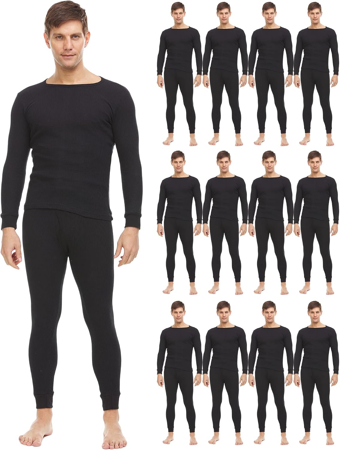 6 Pack of 2pc Thermal Sets for Men, Base Layer Long Johns Underwear, Top & Bottom, Cotton, Solid Colors
