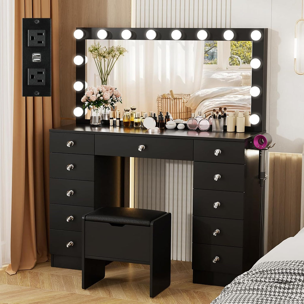 VOWNER Vanity with Lighted Mirror - Makeup Vanity Desk with 11 Drawers and Outlet, 3 Color Lighting Modes Adjustable Brightness, 46' Vanity Table with Soft Cushioned Stool for Bedroom, Black