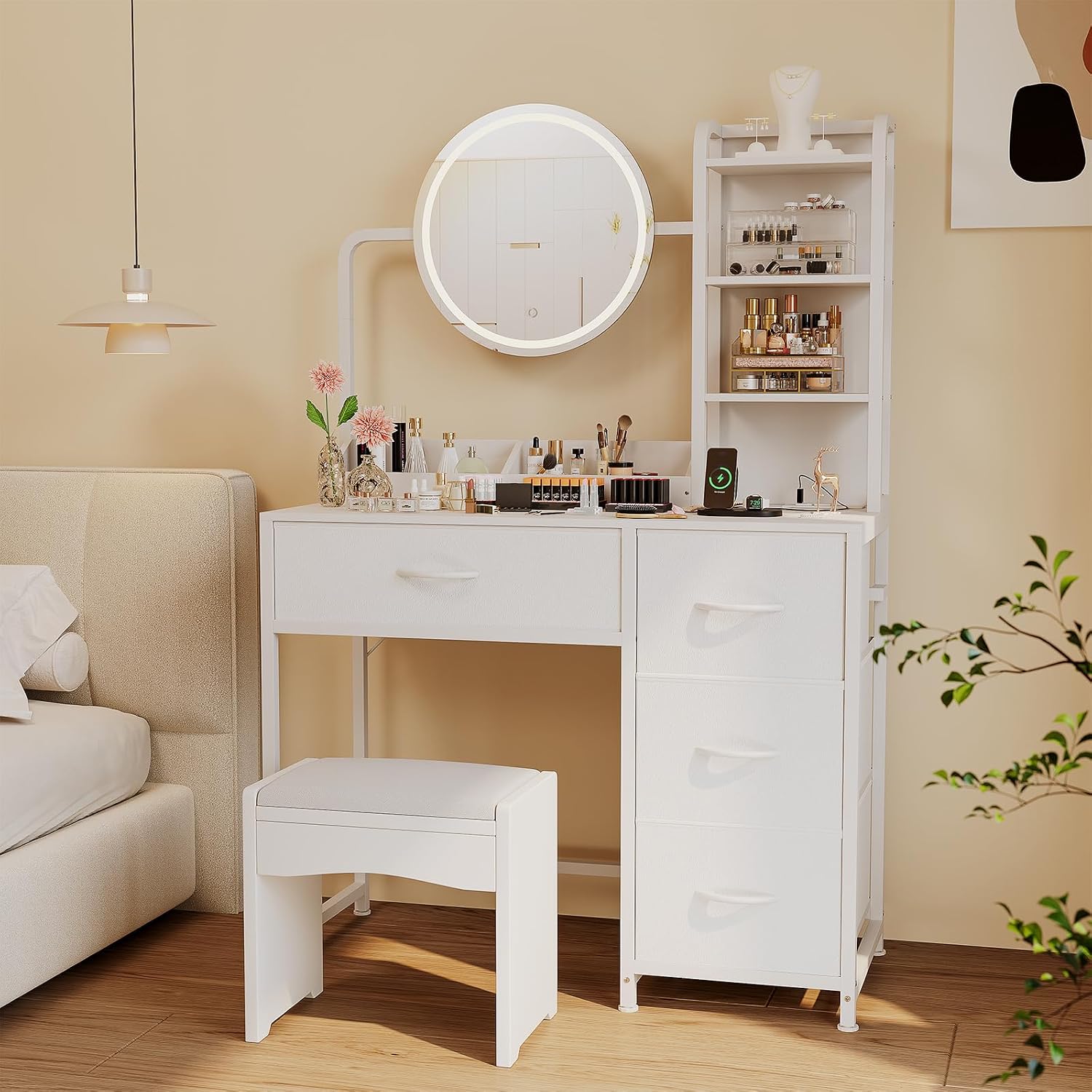 Patikuin Makeup Vanity with LED Mirror & Power Outlet, Small Dressing Table Set with Drawers & Shelves, Vanity Desk for Bedroom Beauty Corner