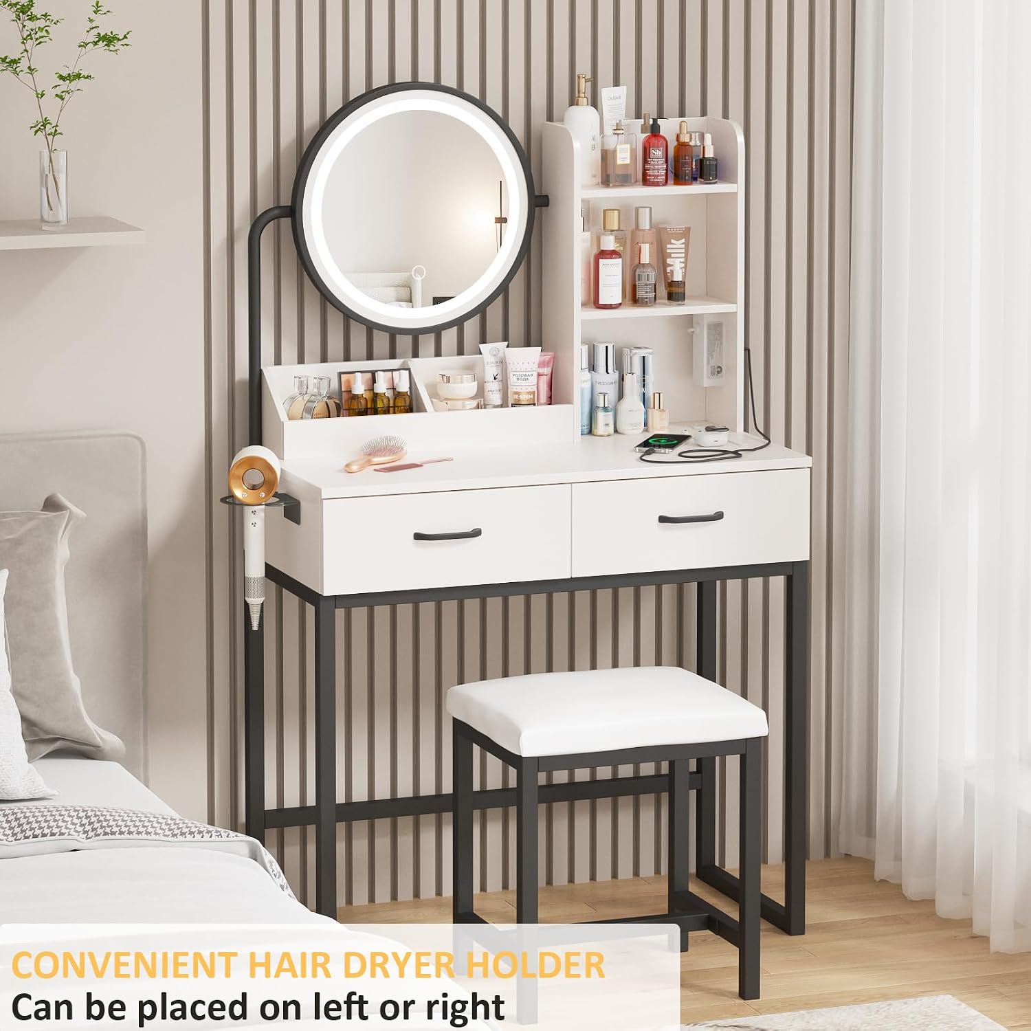 Vabches Makeup Vanity with Round Mirror and Lights, White Vanity Makeup Table with Charging Station, Small Vanity Table for Bedroom, 3 Lighting Modes, 31.5in(L)