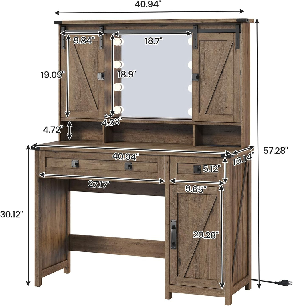 AOGLLATI Makeup Vanity with Lights & Barn Doors, Vanity Desk with Mirror and Lights & Charging Station, Farmhouse Brown Vanity Table with Jewelry Hooks and Open Storage Shelves