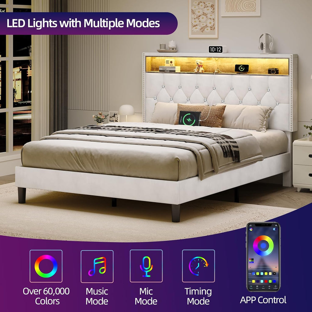 HOMBCK Full Size Bed Frame with LED Lights, Velvet Upholstered Bed Frame Full with Charging Station and Storage Headboard, Modern Diamond and Rivet Design, No Box Spring Needed, Easy Assembly, Beige
