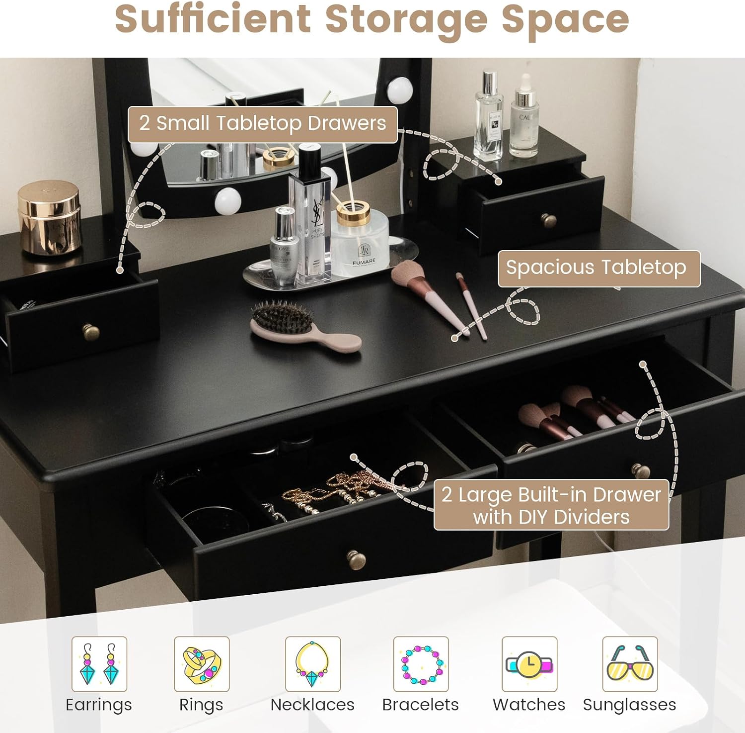 GOFLAME Vanity Table Set with Rotatable Lighted Mirror, 2-in-1 Makeup Table Writing Desk with 3-Color Dimmable LED Lights, 4 Drawers, Dressing Table with Cushioned Stool for Bedroom (Black)