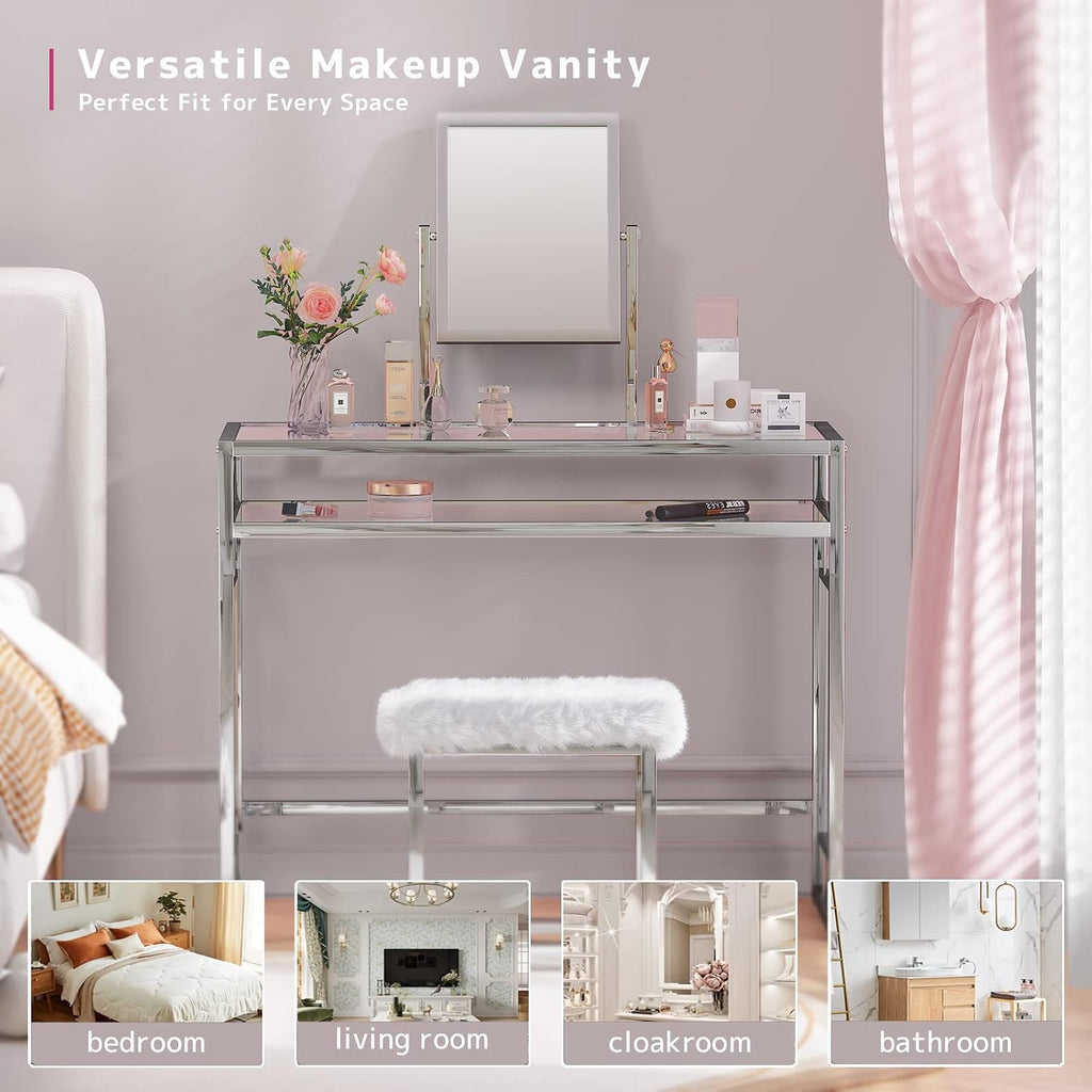 Acme Josh Metal Frame Vanity and Stool in White and Chrome