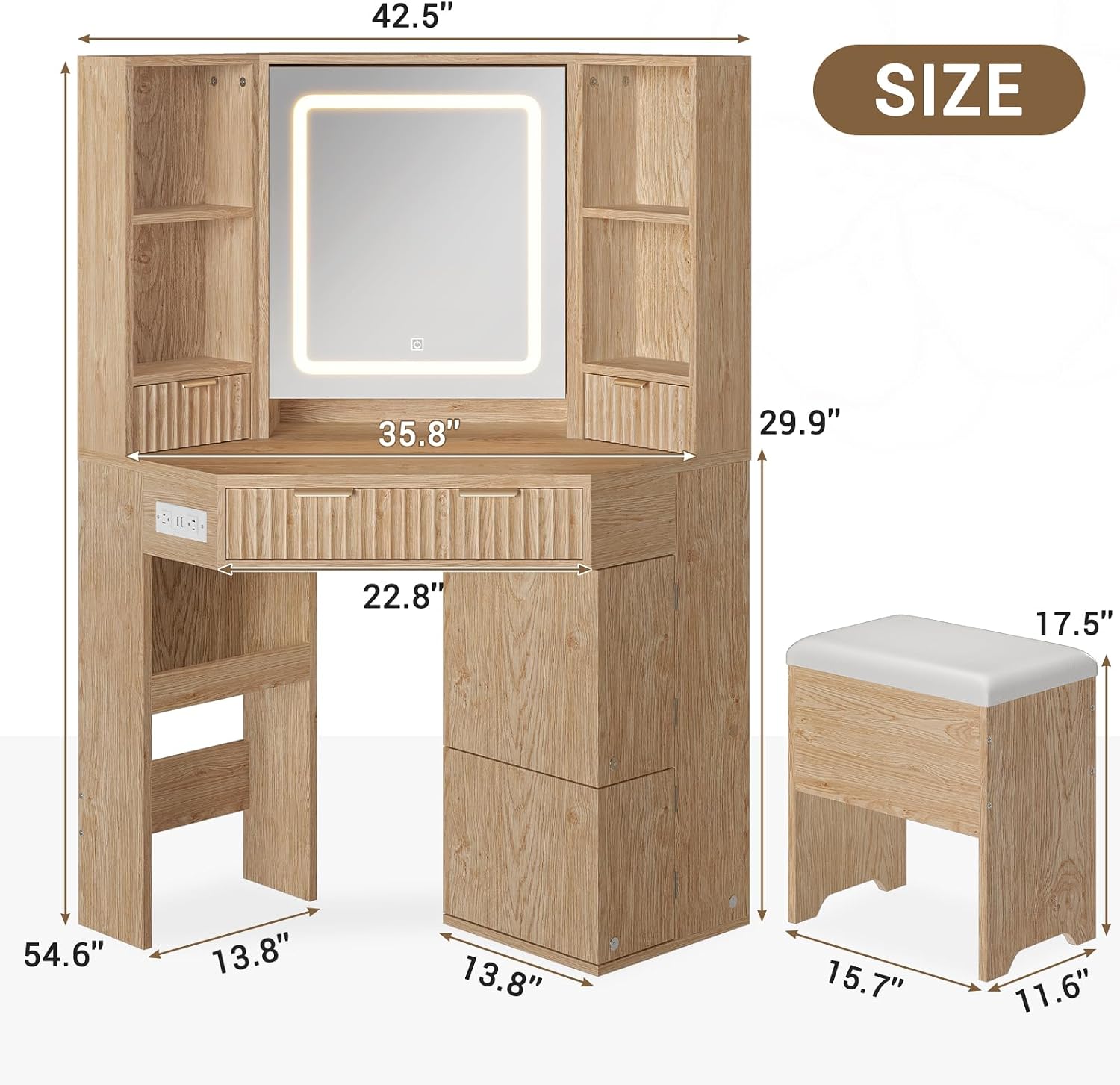 BTHFST Corner Vanity Desk with Lights and Charging Station, Makeup Vanity with Lights, Vanity Set with Mirror and Storage Stool, Makeup Table with Drawers, Rotating Shelves (Natural Oak)
