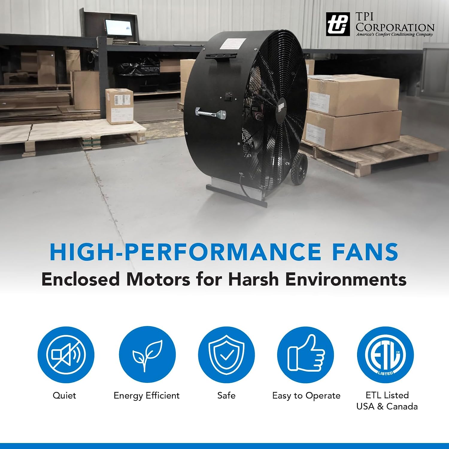 TPI Corporation CACU30-PO-HD Commercial Heavy Duty Oscillating Fan, Unassembled w/Pedestal Kit, 30' Blade Diameter, 3 Speed 1/3 HP Motor, 9' Cordset, Black
