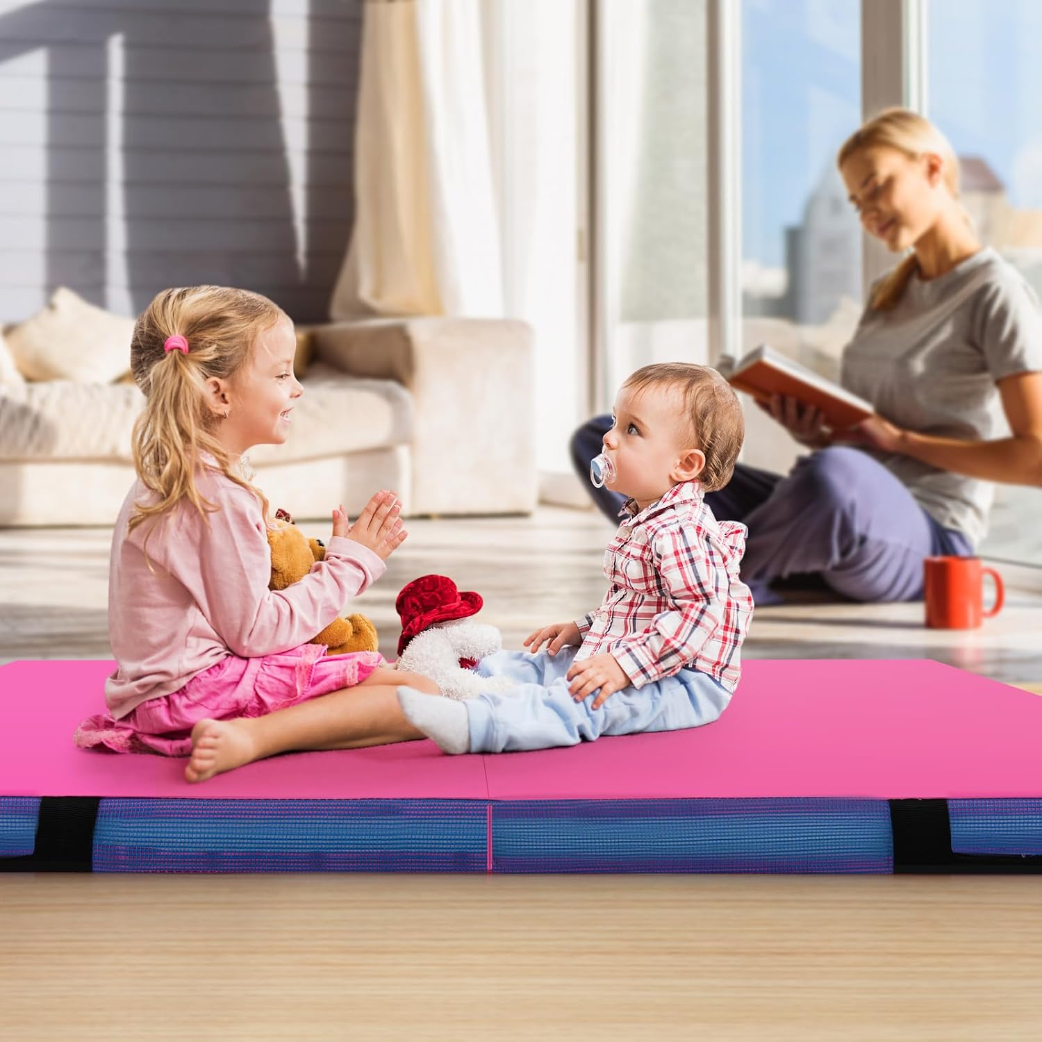 Goplus 4' Thick Folding Gymnastic Mat, Thickened Bi-Fold Fitness Mat with Carrying Handles & PU Leather Cover, Home Gym Tumbling Mat for Stretching, Pilates, Aerobics Workouts