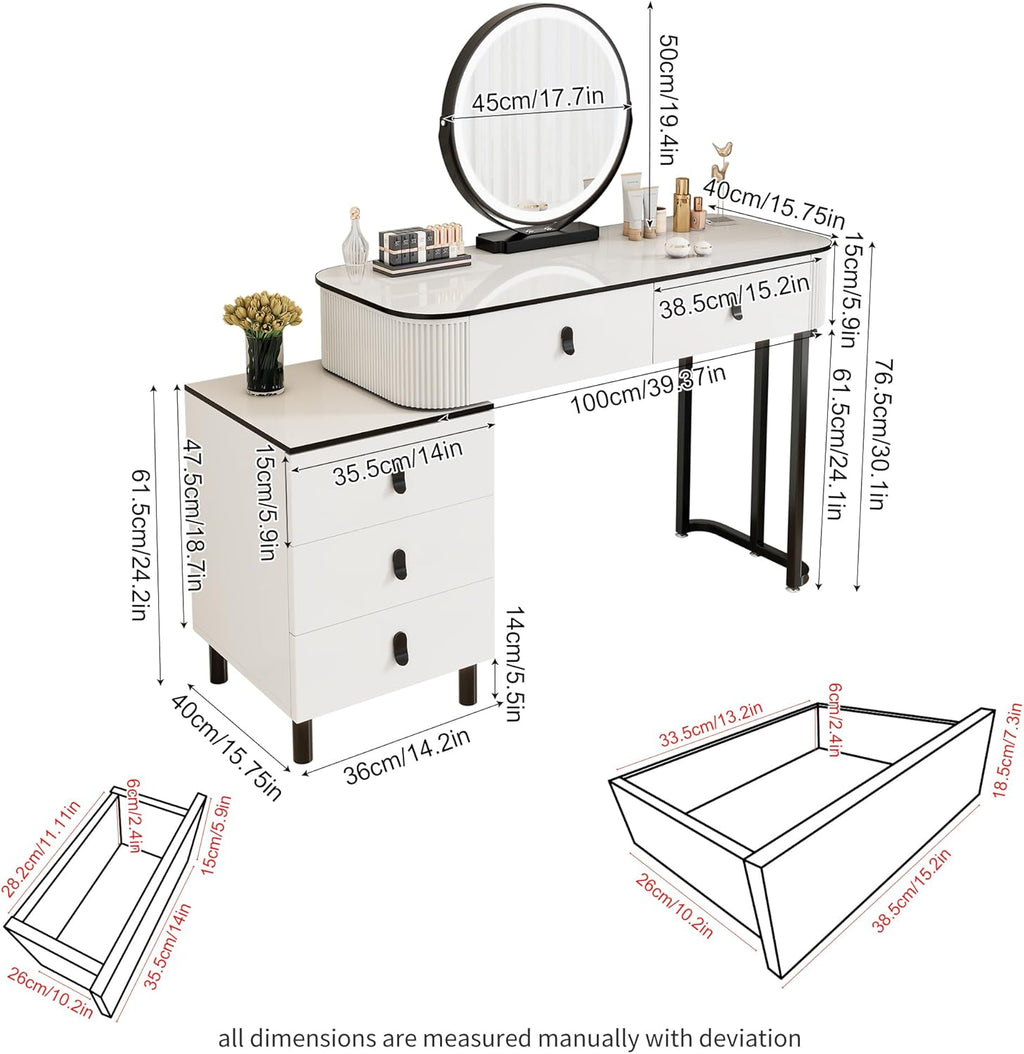 KDCAS Small Makeup Vanity Desk with Mirror and LED Lights | Modern Fluted Vanity Table with Drawers and Reversible Adjustable Side Cabinet (39.37'–51.2') | Space-Saving White Vanity Desk for Bedroom