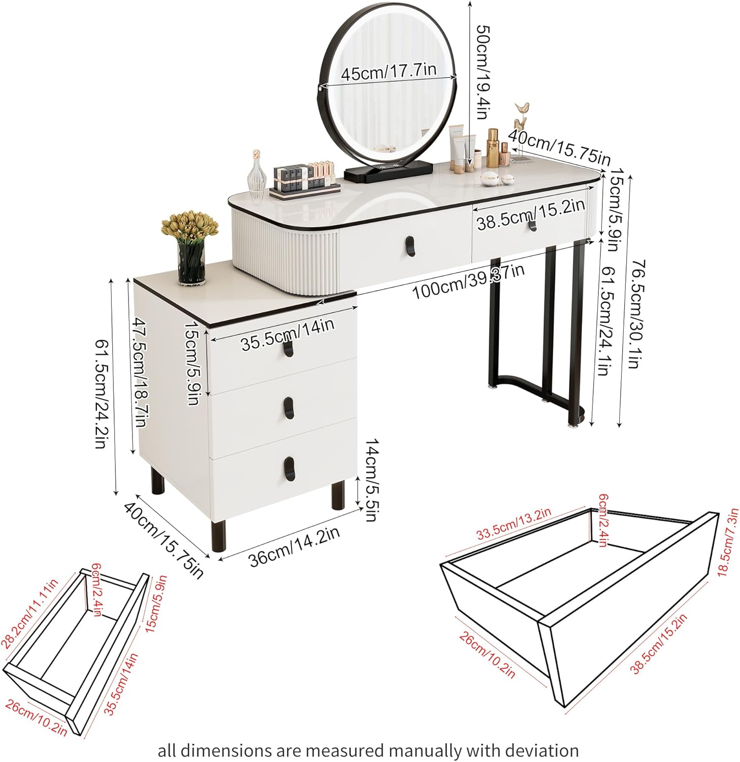 KDCAS Small Makeup Vanity Desk with Mirror and LED Lights | Modern Fluted Vanity Table with Drawers and Reversible Adjustable Side Cabinet (39.37'–51.2') | Space-Saving White Vanity Desk for Bedroom