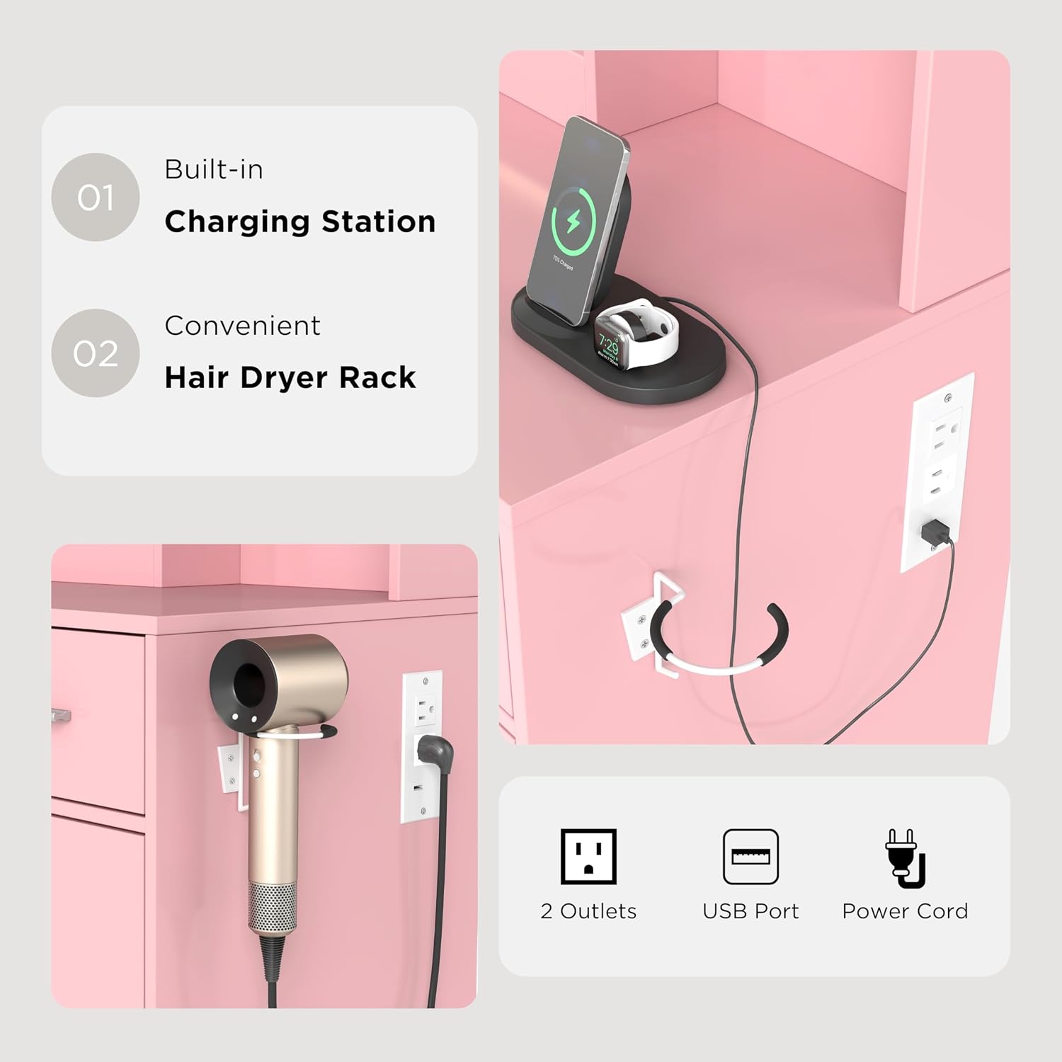 Roundhill Furniture Lavin Makeup Vanity Set, Vanity Desk with Stool, LED Light Mirror and Charging Station, Pink