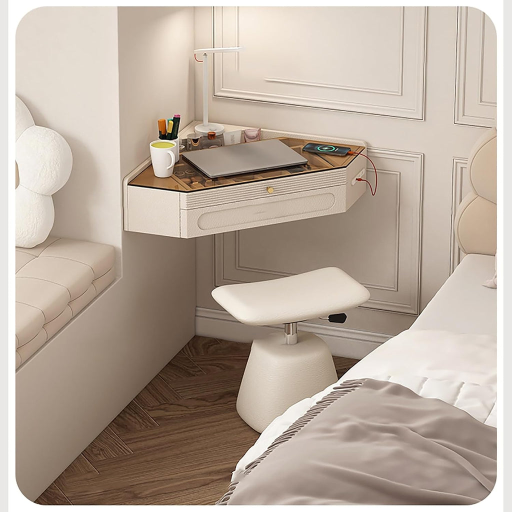 Nordic Wall-Mounted Floating Vanity Desk, Corner Hanging Table with Tea-Tinted Glass Top and Recessed Storage for Small Bedrooms(80cm/31.4in)