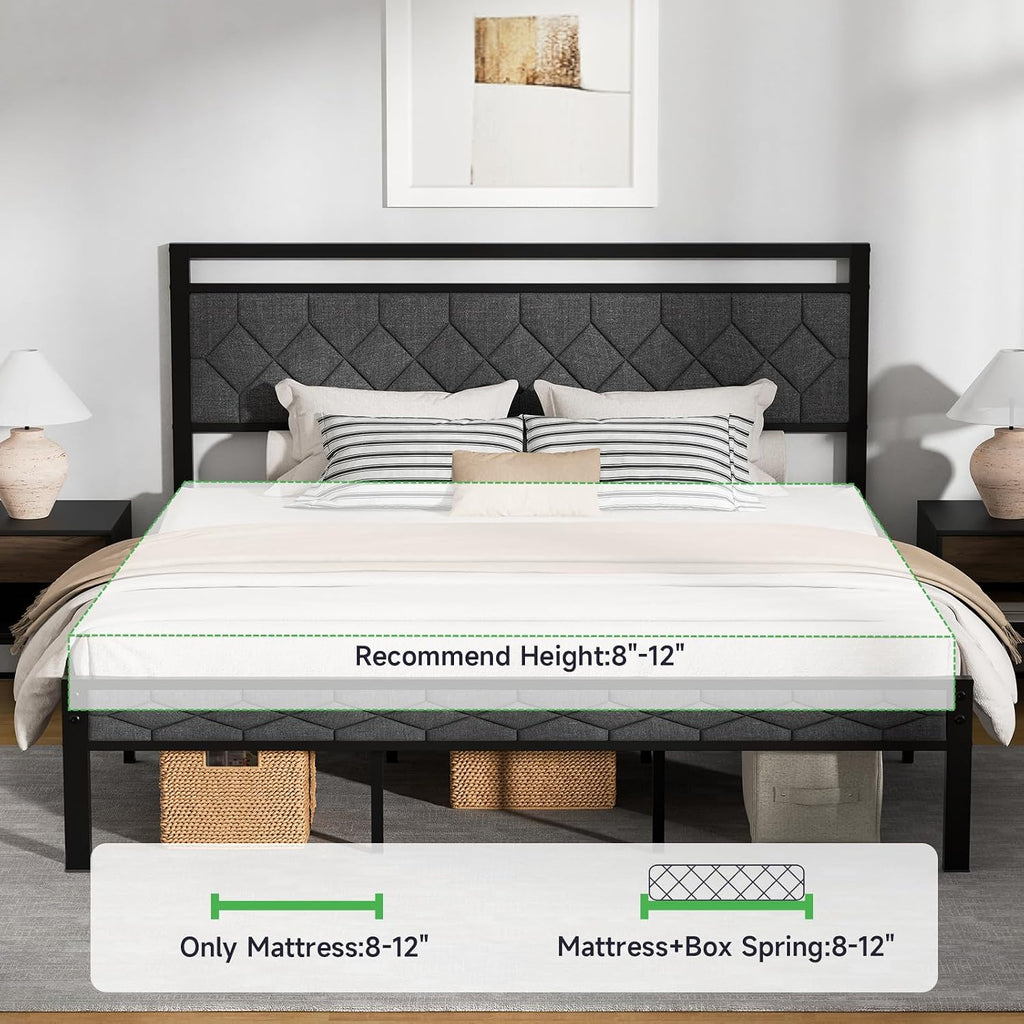 Z-hom King Size Bed Frame, King Bed Frame with Upholstered Headboard, Metal Platform Beds Solid and Stable, Grey, Noise Free, Easy Assembly, No Box Spring Needed