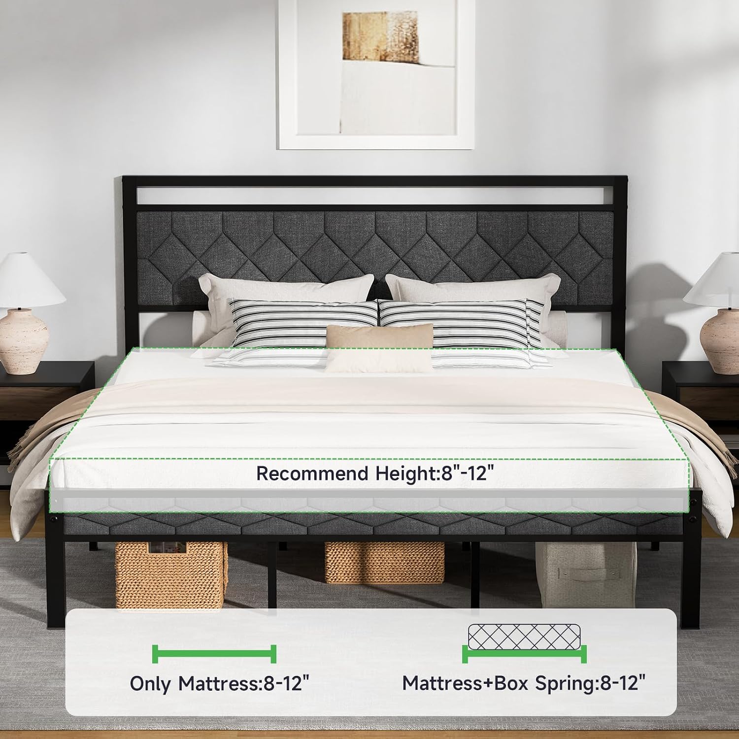 Z-hom King Size Bed Frame, King Bed Frame with Upholstered Headboard, Metal Platform Beds Solid and Stable, Grey, Noise Free, Easy Assembly, No Box Spring Needed