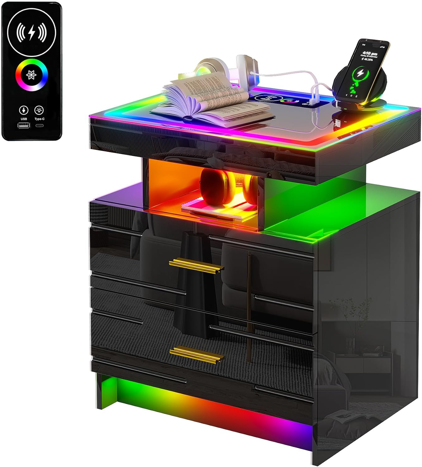 WOOVIVS Nightstand with 24 Colorful Lighst, LED Night Stand with Wireless+USB+Type-C Charging Station, Smart Bedside Table with 2 Drawer,Remote,High Gloss Side Table for Bedroom -Black