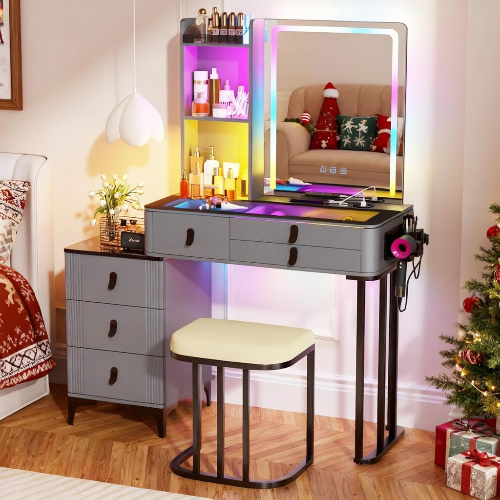 RGB Vanity Desk with Mirror and Lights, Glass Top Makeup Vanity Table with Wireless Charging Station, Dressing Table with Chair & 6 Drawers (Grey)
