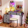 RGB Vanity Desk with Mirror and Lights, Glass Top Makeup Vanity Table with Wireless Charging Station, Dressing Table with Chair & 6 Drawers (Grey)