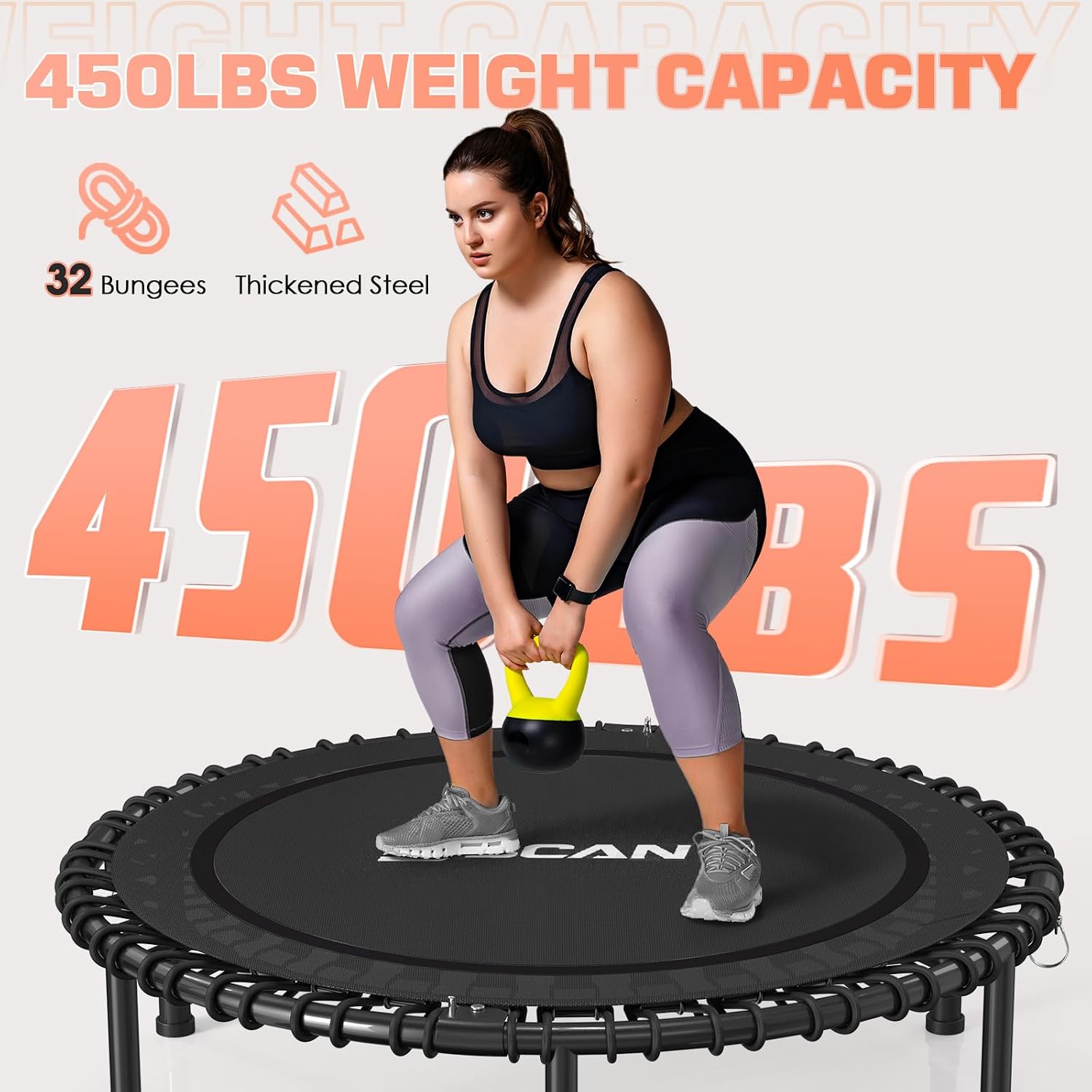 BCAN 450/550LBS Mini Rebounder Trampoline for Adults, 40'/48' Foldable Fitness Trampoline with Bungees, Quiet & Stable Exercise Trampoline Indoor/Home/Garden (BT2, Without Handle)