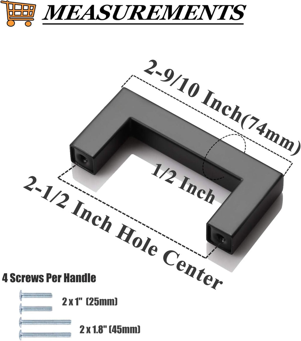 Probrico 100 Pack Black Square Bar Cabinet Pulls Drawer Dresser Handles Stainless Steel Modern Hardware for Kitchen Bathroom Cabinets Cupboard, Hole Center 2-1/2 inch Desk Wardrobe Door Pulls