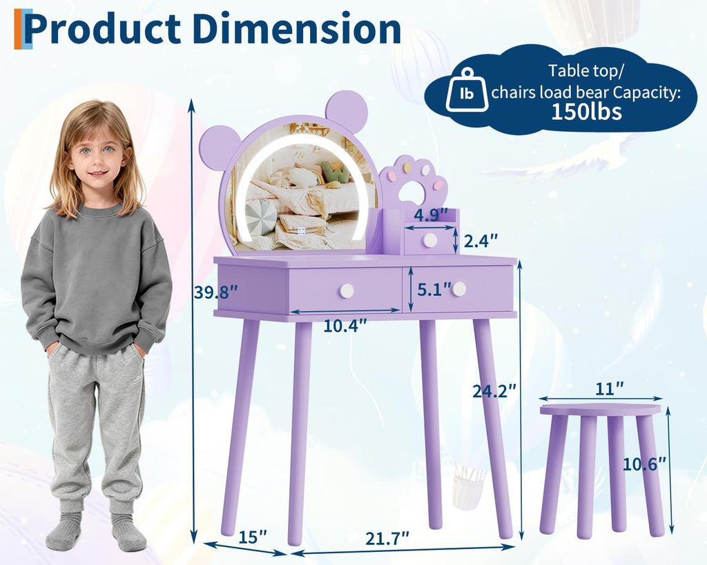 Garvee Kids Vanity Set with Lights,Bear-Shaped Make Up Vanity Desk with Mirror&Stool,Wooden Princess Toddler Make Up Table Set for Bedroom,Pretend Play Vanity Sets for Little Girls(Purple)